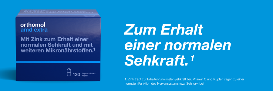 Orthomol amd extra-Packung. Blaue Schachtel mit Text. 120 Tagesportionen. Text: Für Sehkraft.